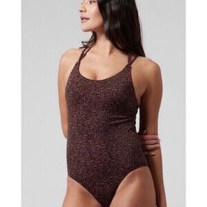 ATHLETA Keyhole One Piece Swimsuit Size Medium Brown Black Floral Print